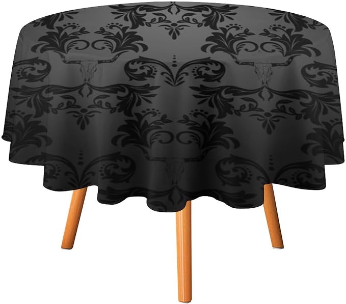 Gothic Black Damask Round Tablecloth, Vintage Floral Exotic Longhorn Skull Bull Bone Table Cloth Water Resistant Table Cover for Farmhouse Party Holiday Kitchen Dinner Table 50"