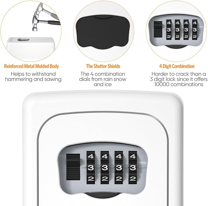 Key Lock Box Wall Mounted, Fayleeko 4 Digit Combination Lockbox for Outside, House Keys - 5 Keys Capacity, Key Safe Security Storage Lock Box for Indoor, Outdoor, Garage, Garden, Store (White, 2Pack)