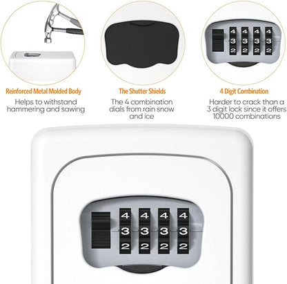 Key Lock Box Wall Mounted, Fayleeko 4 Digit Combination Lockbox for Outside, House Keys - 5 Keys Capacity, Key Safe Security Storage Lock Box for Indoor, Outdoor, Garage, Garden, Store (White, 2Pack)