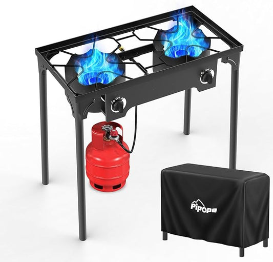 2 Burner Propane Camp Stove | 150,000 BTU | High Pressure Gas Burners | CSA Certified | Waterproof Cover | Detachable Legs | Ideal for Camping Tailgating Backyard Outdoor Cooking