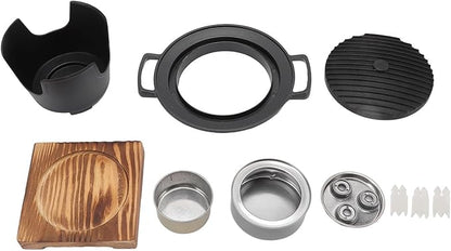 Charcoal Grill, Portable Charcoal Grill Japanese Hibachi Grill with Wooden Base, 8.46 X 6.89 X 5.31in Portable Grill Smokeless Cast Iron Hibachi Grill Grill for BBQ