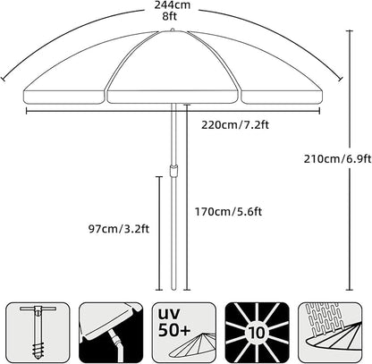 AMMSUN 8 Feet Large Beach Umbrella with Sand Anchor Heavy Duty High Wind Portable Outdoor Umbrellas UV 50+ Protection Air Vent Tilt Patio Garden Pool
