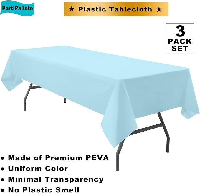 3-Pack Premium Plastic Light Sky Blue Tablecloth Disposable 54" x 108" Rectangle Table Cover Party Baby Pale Blue Table Cloths for Parties Birthdays Weddings Baby Shower Picnic Events