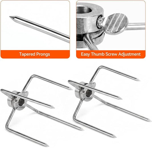 Grill Rotisserie Spit Meat Forks Replacement-Fits 3/8-Inch and 5/16-Inch Square Spit Rods 4pack and Cleaning Tools