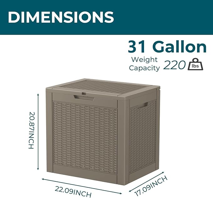 Vixzen 31 Gallon Deck Boxes Outdoor Waterproof, Lockable Outdoor Storage Bench for Patio Cushions, Garden Tools, Pool Supplies (Grey, 31 Gallon)