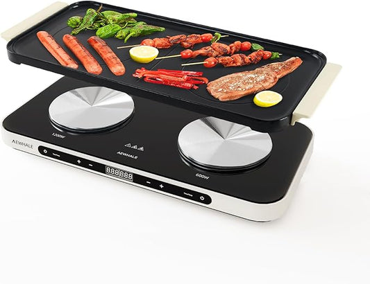 AEWHALE Countertop Double Burners with Removable Griddle Pan Non-stick,1200W+600W Electric Hot Plate with Sensor Touch for Adjustable Temperature/Time