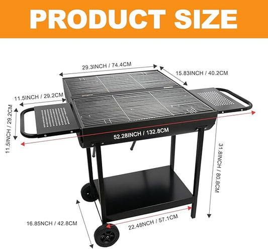 Double Charcoal Barrel Grill with Two Side Shelf, Stainless Steel Heavy Duty Grill For Outdoor Camping Backyard Picnic Party