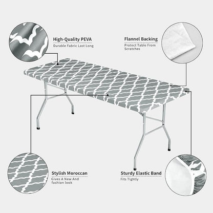 OutdoorLines Vinyl Fitted Picnic Table Cover with Bench Covers | Elastic Waterproof Camping Tablecloth for Picnic Table (Moroccon Gray 96x30 Inch, 3 Pcs)