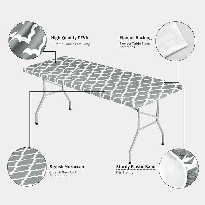 OutdoorLines Vinyl Fitted Picnic Table Cover with Bench Covers | Elastic Waterproof Camping Tablecloth for Picnic Table (Moroccon Gray 72x30 Inch, 3 Pcs)