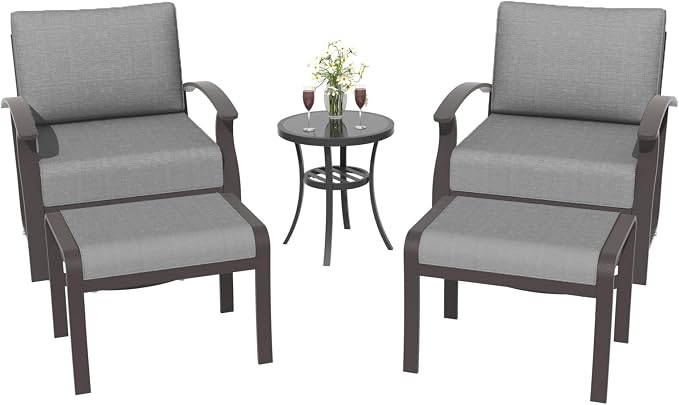 ALAULM 5 Piece Aluminum Outdoor Swivel Chairs High Back Metal Swivel Rocking Chairs with 5.1" Sponge Cushions, 2 Ottmans and 1 Coffee Table for Patio, Porch, Backyards, Garden(Grey)