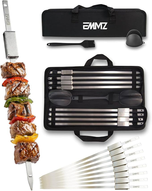 Grilling Skewer–16.5" metal skewers with removable Slider in bag(set of 8) flat skewers stainless steel skewers for BBQ-kabob Skewers for kabab Barbecue meat chicken grill shish kebab and camping