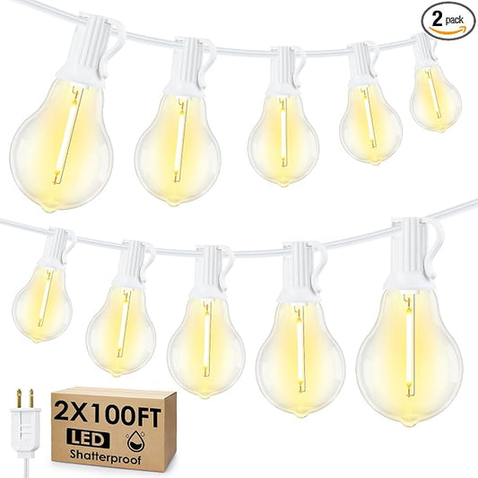 Larkvue 200FT(2x100FT) Outdoor String Lights, LED Patio Lights with 63 Waterproof Shatterproof A39 Dimmable Bulbs(3 Spare) for Deck Yard-2 Pack White