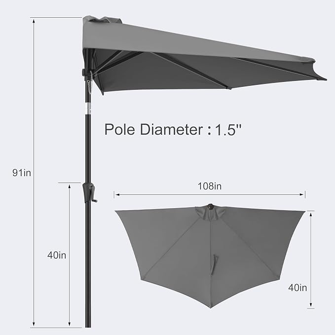FLAME&SHADE 9ft Half Patio Umbrella - Half Outdoor Umbrella with Tilt UV Protection Waterprool, Half Round Table Umbrella for Wall Balcony, Pool, Porch, Garden, Deck, Market, Backyard (Anthracite)