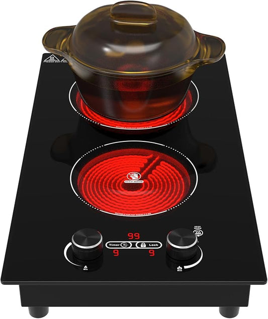 2 Burner Electric Cooktop, 12 Inch Built-in Ceramic Cooktop, 2100W Plug in Electric Stove Top with Knob Control, Keep Warm, 9 Heating Levels, Timer & Child Safety Lock, Over-Temperature Protection