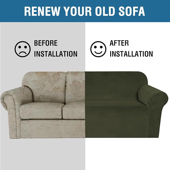 H.VERSAILTEX Stretch Velvet Loveseat Covers for 2 Cushion Couch Covers for Living Room Sofa Covers Slipcovers with Non Slip Straps Bottom, Ultra Thick Comfy Velour (Width 58"-72", Olive)