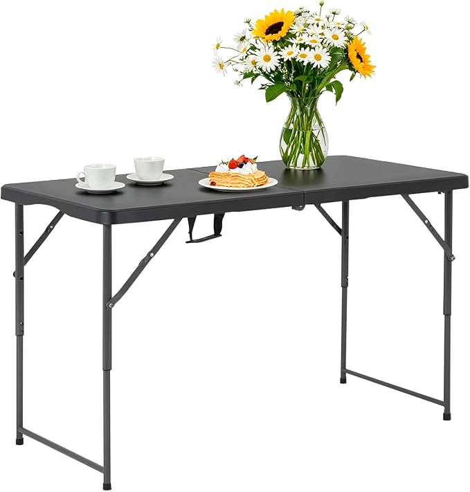 PayLessHere Folding Camping Table Plastic Picnic Table Office Table for Parties Wedding Camping Office with Carrying Handle (Black, 4 FT)