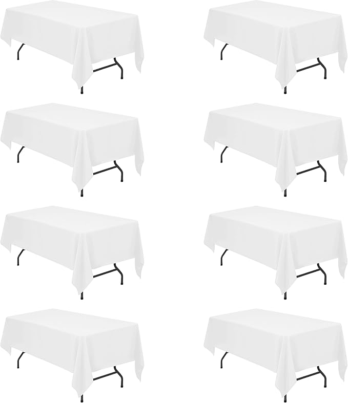 BRILLMAX 8 Pack White Tablecloths 60x102 Inch for 6ft Rectangle Tables | 150 GSM Polyester Fabric, 15" Standard Drop, Water, Stain & Wrinkle Resistant Cloth Cover for Wedding Reception Banquet Party