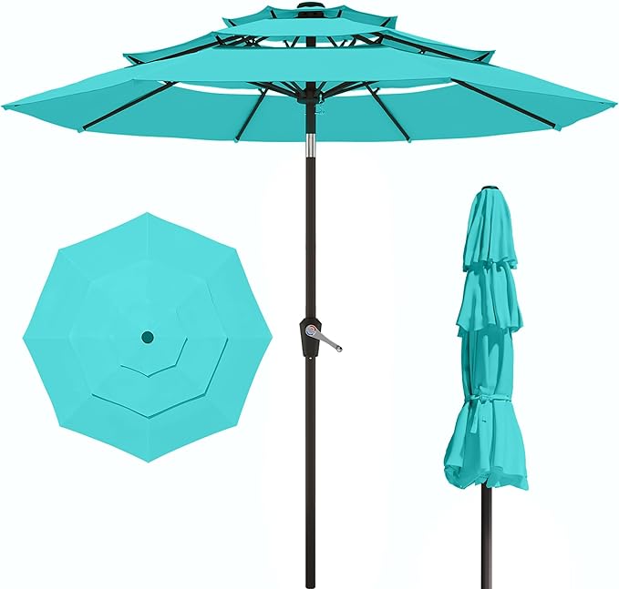 10FT Patio Umbrella 3 Tiers Outdoor Market Umbrella w/Push Button Tilt, Crank, UV and Waterproof Table Umbrella for Garden, Pool, Backyard, Deck, Lawn, Aqua Blue