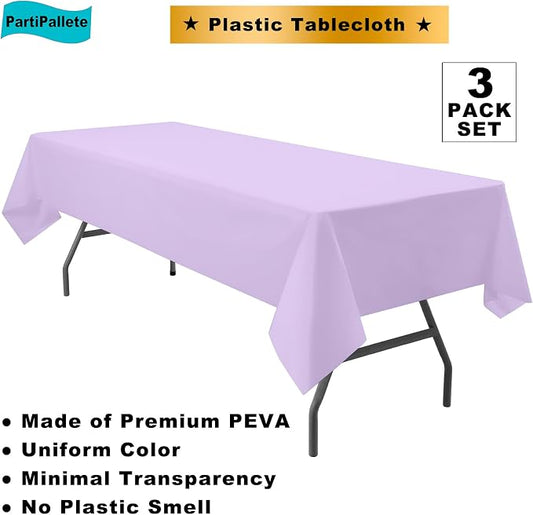 3-Pack Premium Plastic Lavender Tablecloth Disposable 54" x 108" Rectangle Lilac Table Cover Party Mauve PEVA Table Cloths for Parties Birthday Wedding Engagement,Light Purple
