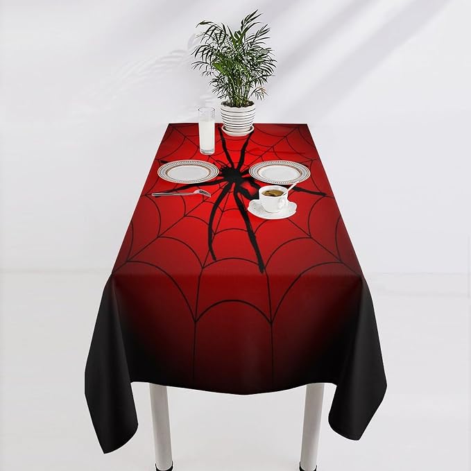 Spider Web Tablecloth, Big Spider Black Spiderweb Water Resistant Wipeable Table Cover for Picnic Party Holiday Kitchen Dinner Table 60"x120"