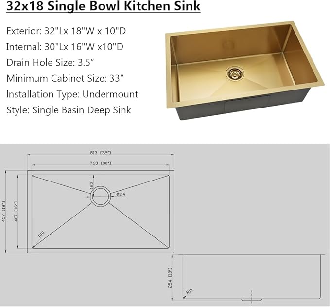 32 Inch Undermount Kitchen Sink Gold, Jshozzy 32x18 Stainless Steel Kitchen Sink Undermount 16 Gauge Gold Single Bowl Sinks Deep