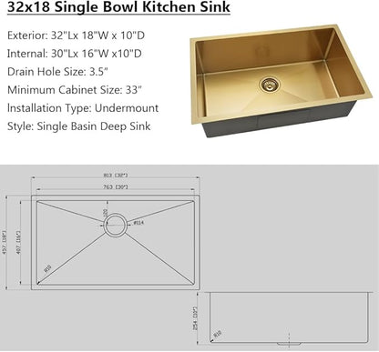 32 Inch Undermount Kitchen Sink Gold, Jshozzy 32x18 Stainless Steel Kitchen Sink Undermount 16 Gauge Gold Single Bowl Sinks Deep