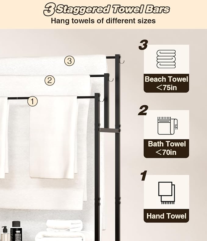 Mondazie 44” Free Standing Towel Racks for Bathroom Towel Storage, Black | 3 Tier Oversized Pool Towel Drying Rack Outdoor, Blanket Ladder Holder with Shelf & 6 Hooks for Bedroom Living Room Poolside
