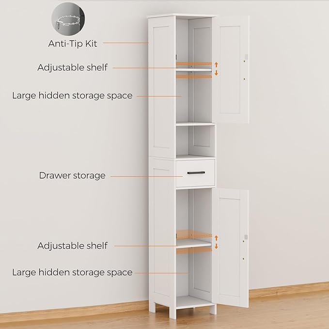 Homhedy 67" H Tall Bathroom Storage Cabinet with Barn Doors and Drawer | Narrow Storage Unit with Adjustable Shelves, Floor Cabinet for Bathroom, Living Room, Entryway or Kitchen, White, 11.8" W