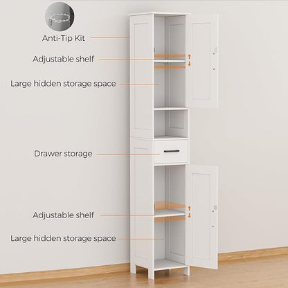 Homhedy 67" H Tall Bathroom Storage Cabinet with Barn Doors and Drawer | Narrow Storage Unit with Adjustable Shelves, Floor Cabinet for Bathroom, Living Room, Entryway or Kitchen, White, 11.8" W