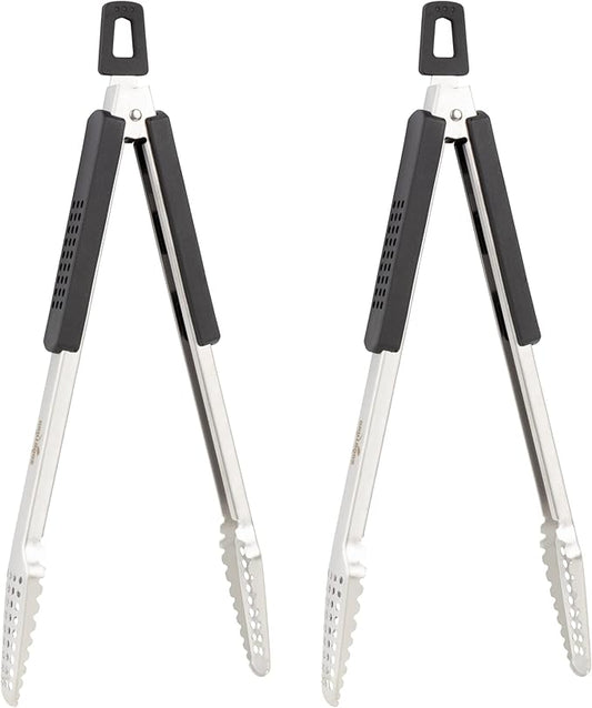 12" Long Tongs 18/0 Stainless Steel BBQ Grill Tongs with Durable Soft Grip Handle for Cooking - Durable Grilling Accessory, Tongs for Cooking & Kitchen, Outdoor Barbecue, Easy to Clean - 2-Pack