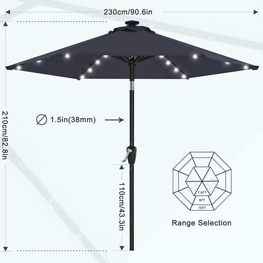 MASTERCANOPY 7.5FT 6Ribs Patio Umbrella with 32 Solar LED Lights, Outdoor Market Umbrella with Tilt & Crank, UV Protection & Fade Resistant Fabric, Easy Set-Up for Garden, Deck, Pool (Navy Blue)