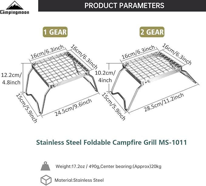 Campingmoon Portable Campfire Grill Grate 304 Stainless Steel Folding Camping Grill Over Gas Stove BBQ Grill Rack with Legs and Carrying Bag