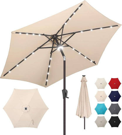 10 ft Solar Patio Umbrella Outdoor with Centre Light, Beige | 24 LED Lights, UV Protection, Solar Outdoor Umbrella for Porch, Deck, Pool, Table, Garden, Provides Evening Lighting