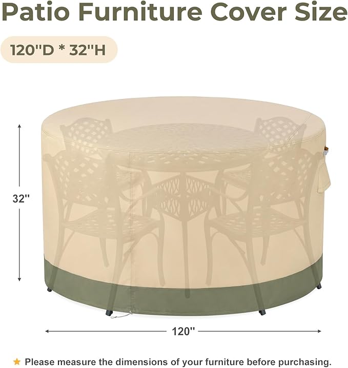 BPS Waterproof Patio Table and Chairs Cover, 600D Anti-UV Outdoor Dining Furniture Set Cover with Air Vent and Storage for Patio Round Sectional Set, 120''Dia x 32''H