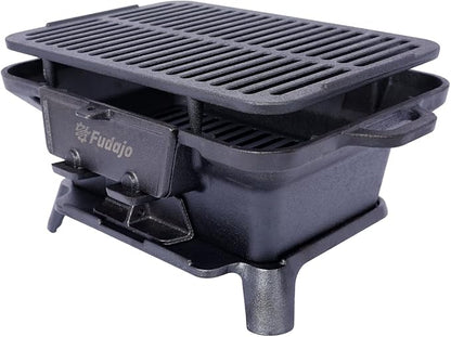 Oval Cast Iron Grill Outdoor, Portable Charcoal Grill and Tabletop Cast Iron Skillet, Durable, Small Charcoal Grill, Camping Stove, Hibachi Grill (16"L×10.2"W×7.5"H)