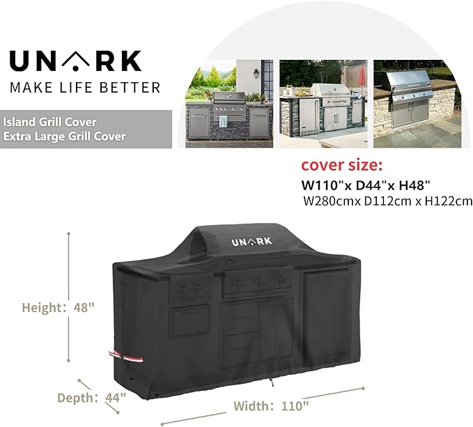 110 Inch Extra Large Grill Cover Kitchen Island Cover Large Island Grill Cover for Outdoor Grill Outdoor Kitchen Cover Heavy Duty Waterproof 110" L x 44" W x 48" H, Black