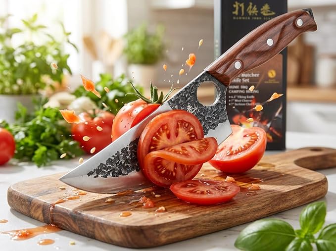 3PCS Butcher Knife Set, 7" Butcher Meat Cleaver, 7" Serbian Chef Knife and 6.5" Viking Knife, Hand Forged Kitchen Knife Set with Plastic Handle, Geat for Home, Camping, BBQ (Unique Finger Hole Design)