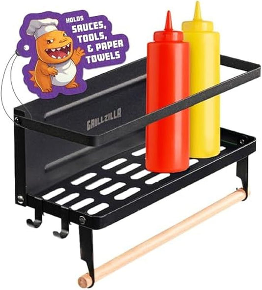 Grillzilla Grill Accessories Magnetic Grill Caddy & Organizer - Black Portable Powder-Coated Iron - BBQ Shelf & Tool Holder with Heavy Duty Magnets for Refrigerator & Oven - Foldable Design