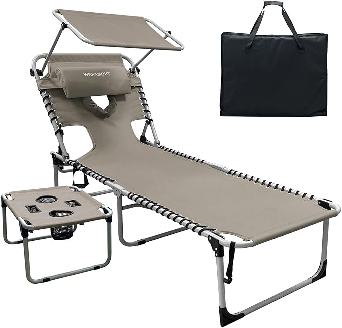 Outdoor Tanning Chair with Sun Canopy Shade & Face Hole, Folding Lounge Chair with Beach Table and Carry Bag for Poolside Sunbathing Lawn