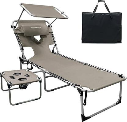 Outdoor Tanning Chair with Sun Canopy Shade & Face Hole, Folding Lounge Chair with Beach Table and Carry Bag for Poolside Sunbathing Lawn
