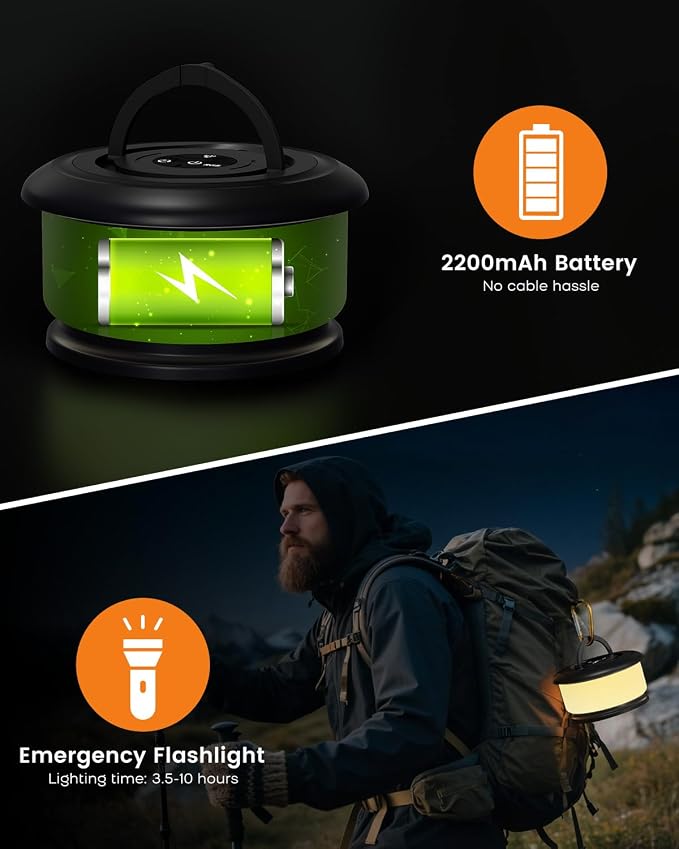 2-Pack Camping String Lights, Retractable 4 in 1 Camp Lights | 32.8FT Rechargeable Fairy Lamp Outdoor Waterproof, RGB Portable Hanging Lantern for Outside Tent Patio Awning RV Essentials