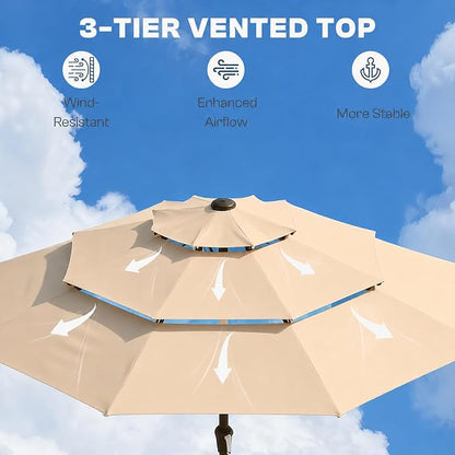 10ft 3 Tier Patio Umbrella, Outdoor Market Table Umbrella with UPF 50+ Vented Canopy, 8 Sturdy Ribs, Easy Push Button Tilt and Crank, Windproof for Deck, Pool, Backyard and Garden