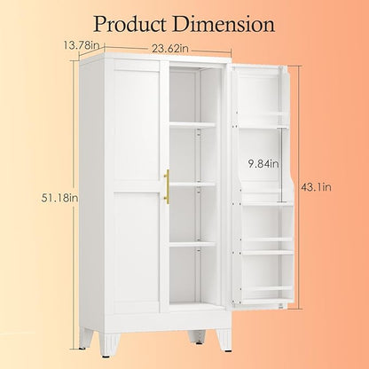 White Pantry Storage Cabinet, 48" Kitchen Pantry with Doors and 3 Adjustable Shelves, Metal Freestanding Buffet Cupboards Sideboard, for Office, Home, Garage, School