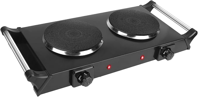 Double Burner Electric Hot Plate, 2000W 2 Burner Electric Cooktop, Portable Countertop Stove with 5-Level Temperature Control and Stay-Cool Handles, for RV, Home, and Camping