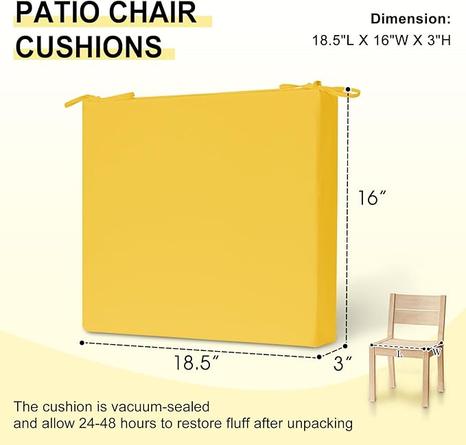 downluxe Outdoor Chair Cushions Set of 4 for Patio Furniture, Water-Resistant Square Corner Patio Chair Cushions with Ties, High Density Foam Outdoor Seat Cushion, 18.5" X 16" X 3", Yellow
