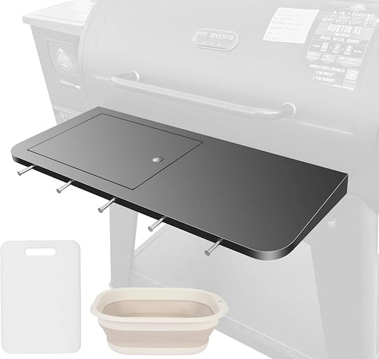 Uniflasy Upgraded Folding Front Shelf for Pit Boss Austin XL Accessories for Pit Boss Savannah Pellet Grill, 29.5" Grill Prep Table with Cutting Board, Collapsible Basin, Lid & Hooks