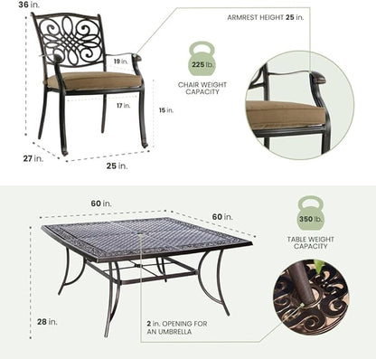Hanover Traditions 9-Piece Patio Dining Set with 60" Square Cast-Top Dining Table and 8 Chairs with Tan Cushions, Modern All Weather Outdoor Dining Set with Rust-Resistant Aluminum Frames for Backyard