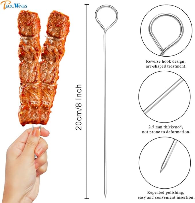 20 PCS 8 Inch Stainless Steel BBQ Kabob Skewers with Storage Box, PEOUWNES Metal Kebob Sticks Reusable Grilling Skewers for Turkey, Shrimp, Chicken, Fruit, Vegetable, Meat, Beef