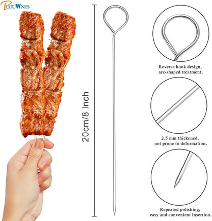 20 PCS 8 Inch Stainless Steel BBQ Kabob Skewers with Storage Box, PEOUWNES Metal Kebob Sticks Reusable Grilling Skewers for Turkey, Shrimp, Chicken, Fruit, Vegetable, Meat, Beef