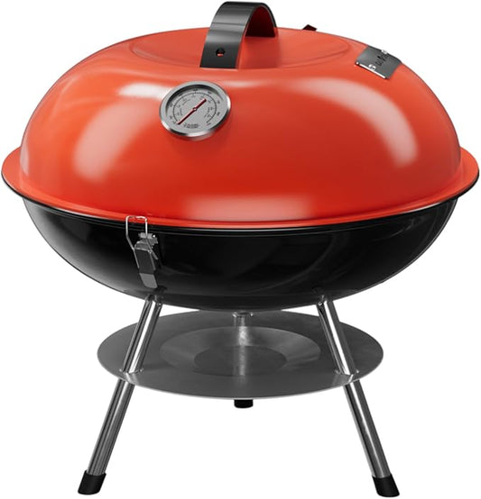 GasOne – Red 14-inch Portable Barbecue Grill with Thermometer - 3-Point Locking Lid for Heat Preservation – Dual Venting System – Small Charcoal Grill for Backyard, Camping, Boat